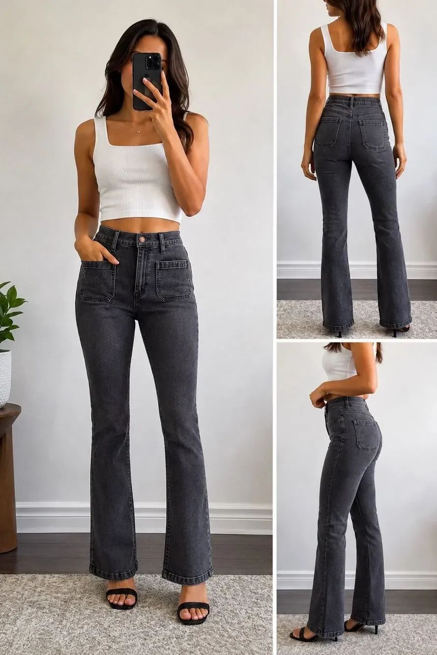 GAP ’70s Flare High Rise Jeans Women’s 31/12R Black Wash Patch Pocket Stretch De